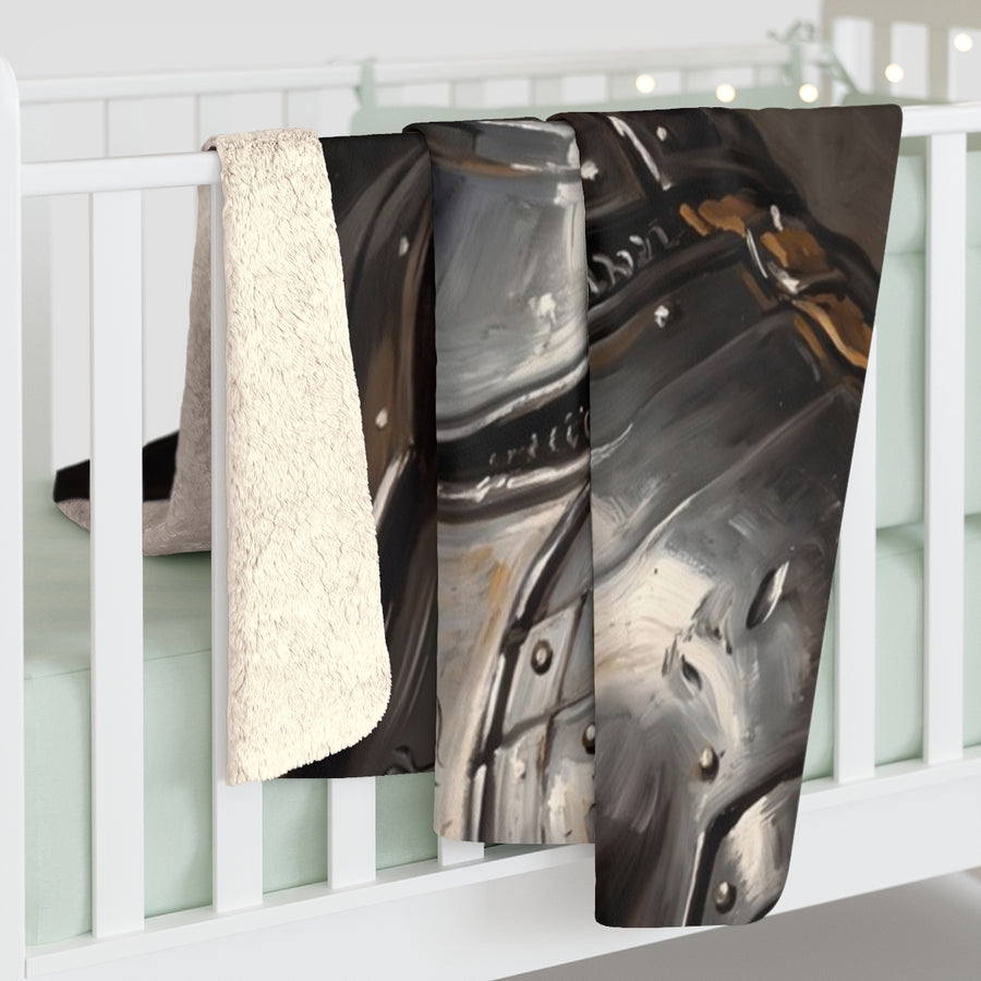Great Dane Medieval Knight sherpa blanket by Tritan, on bed