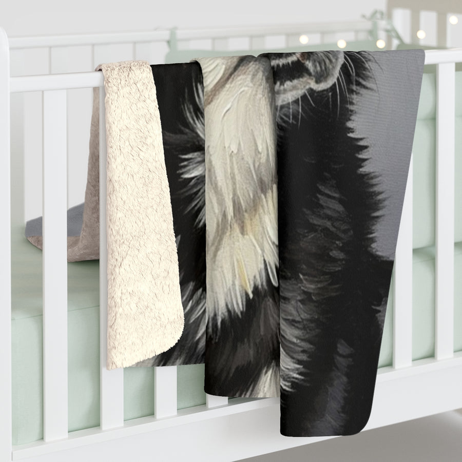 Siberian Husky Oil Portrait sherpa blanket by Tritan, on bed