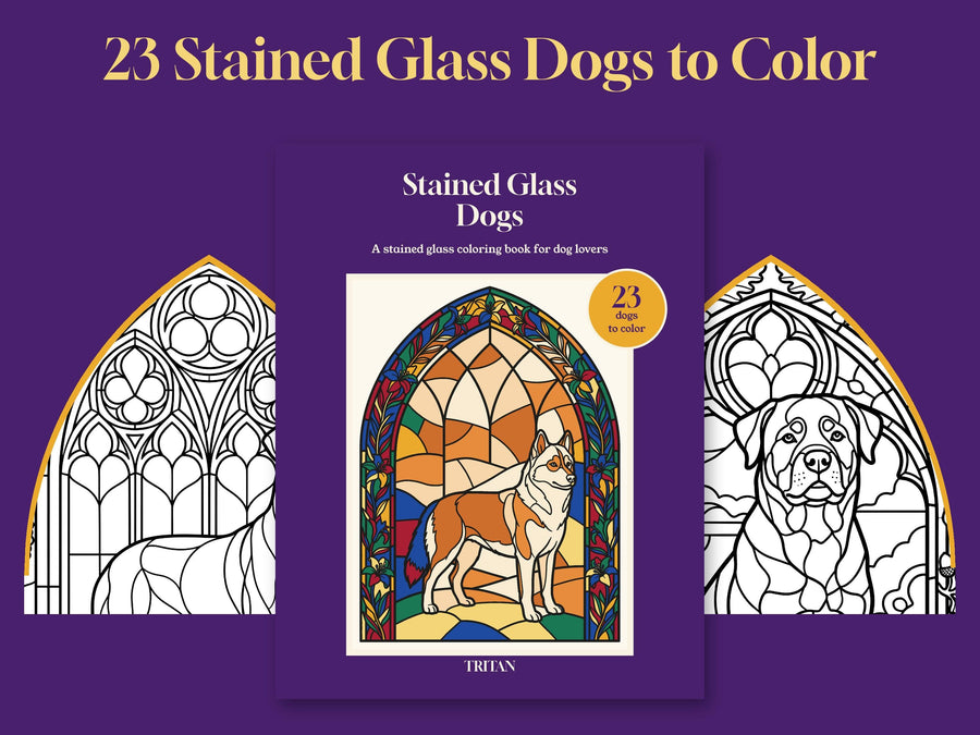 Stained Glass Dogs coloring book cover between two arched window details of the line art