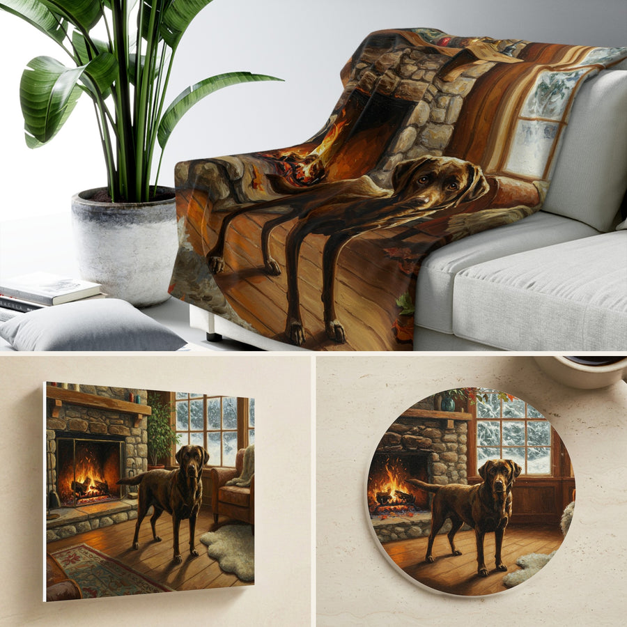Labrador Retriever By the Fire gift set: canvas, sherpa blanket and coaster in one painting
