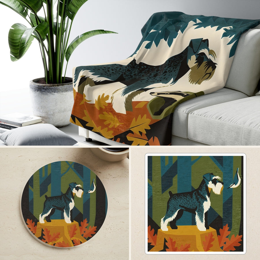 Miniature Schnauzer Retro Autumn cozy gift set: sherpa fleece blanket, cork-back coaster, and vinyl sticker