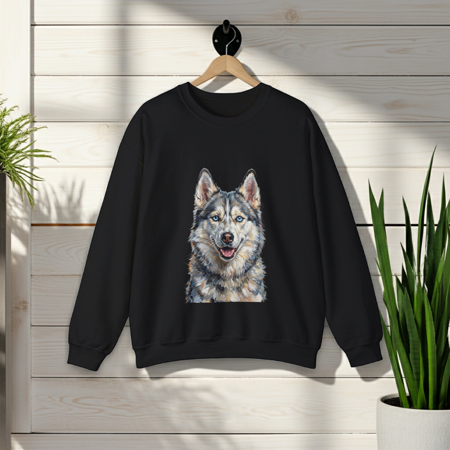 Siberian Husky painterly crewneck hanging on a wooden hanger against a white wall with potted plants