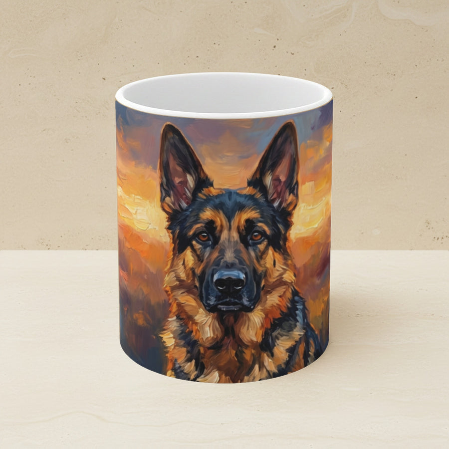 German Shepherd Acrylic Ceramic Coffee Mug 11oz, Sunset Dog Art, German Shepherd Lover Gift shown on a warm limestone shelf, front view