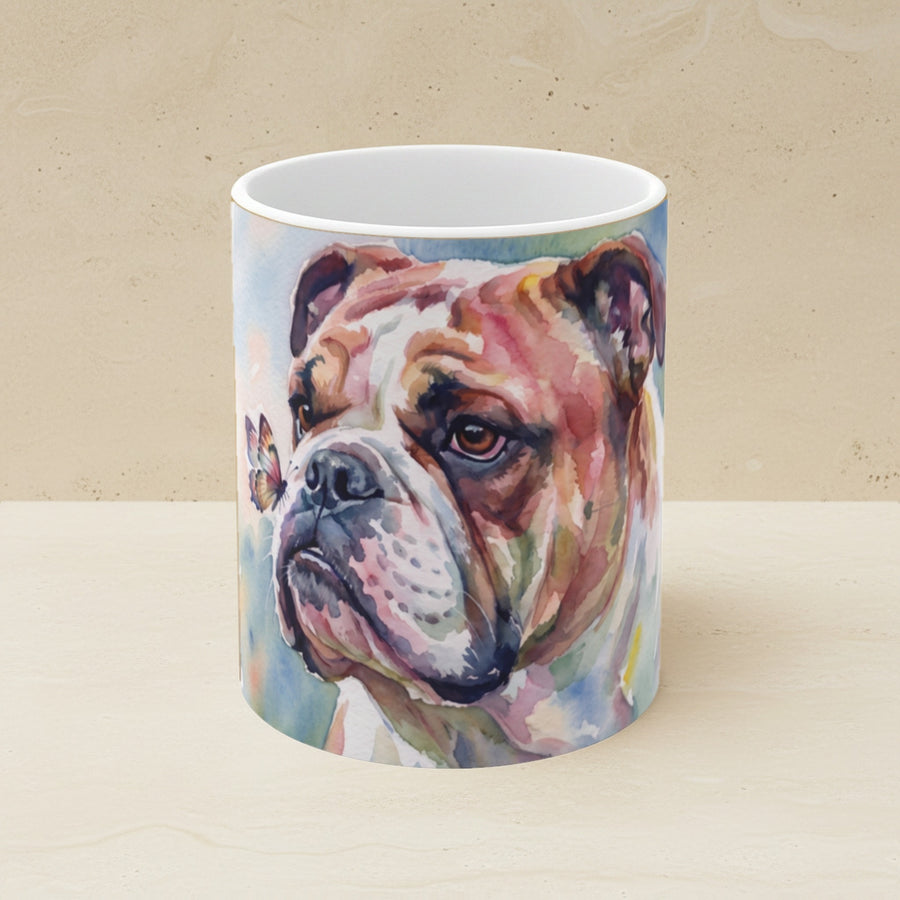English Bulldog Watercolor Ceramic Coffee Mug 11oz, Soft Dog Painting, English Bulldog Lover Gift shown on a warm limestone shelf, front view