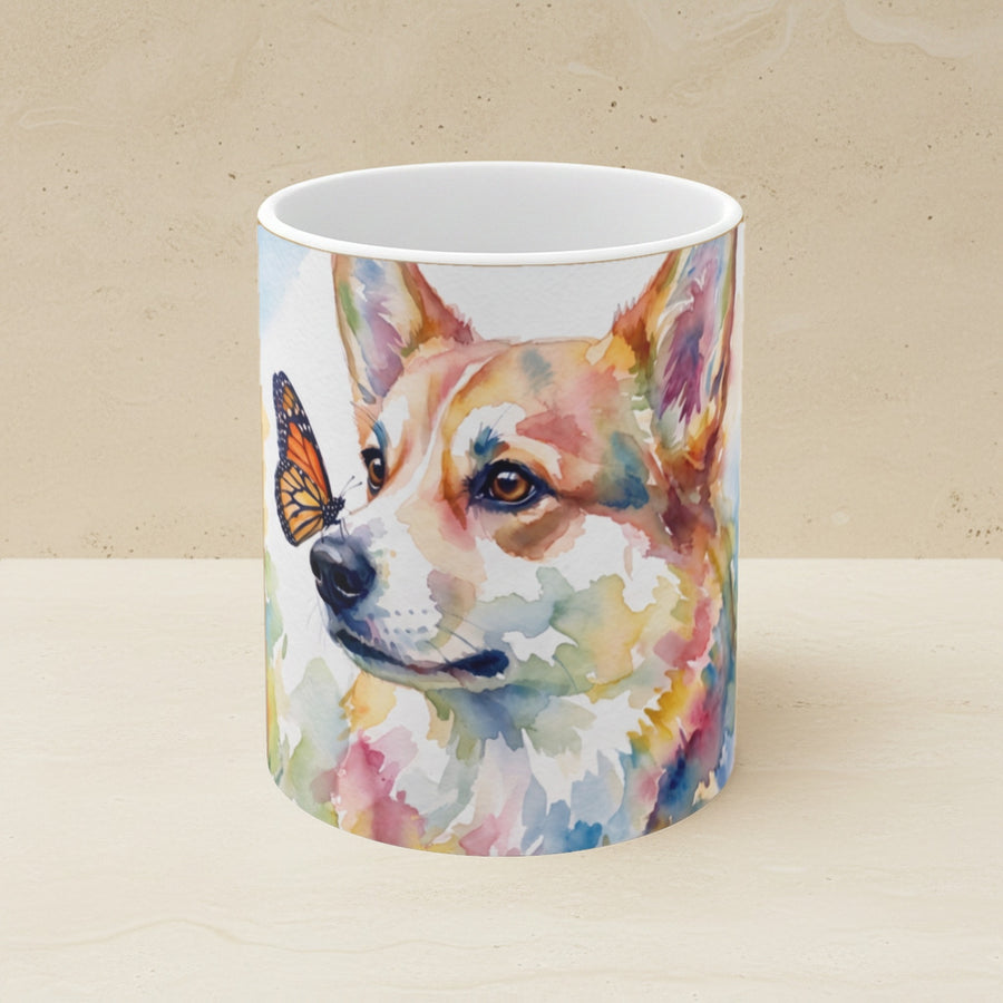 Corgi Watercolor Ceramic Coffee Mug 11oz, Soft Dog Painting, Corgi Lover Gift shown on a warm limestone shelf, front view