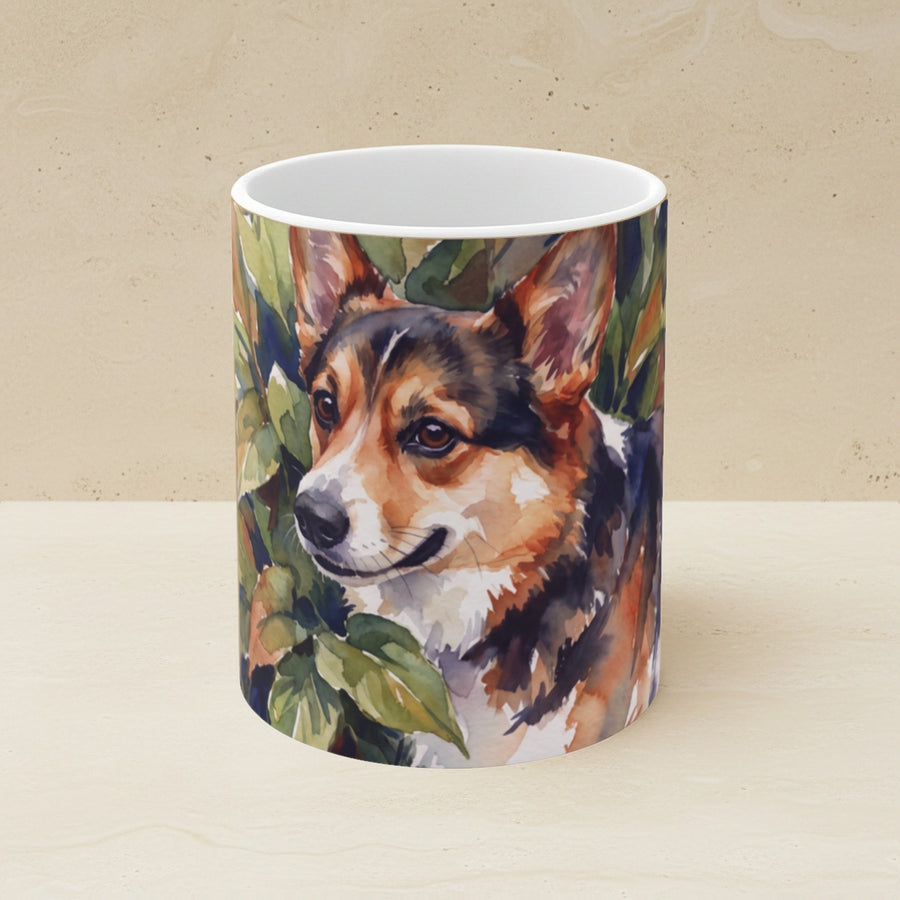 Corgi Watercolor Ceramic Coffee Mug 11oz, Soft Dog Painting, Corgi Lover Gift shown on a warm limestone shelf, front view
