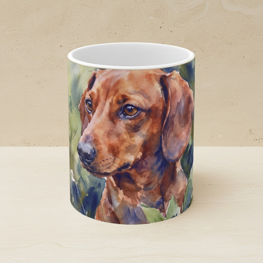 Dachshund Watercolor Ceramic Coffee Mug 11oz, Soft Dog Painting, Dachshund Lover Gift shown on a warm limestone shelf, front view