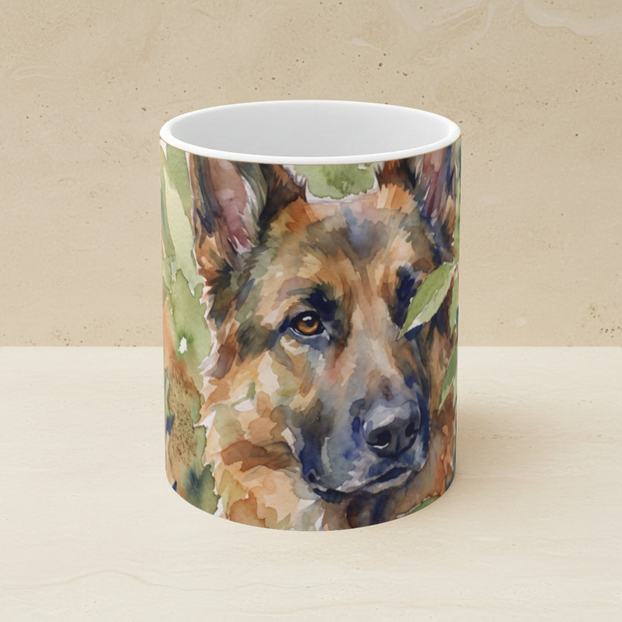 German Shepherd Watercolor Ceramic Coffee Mug 11oz, Soft Dog Painting, German Shepherd Lover Gift shown on a warm limestone shelf, front view