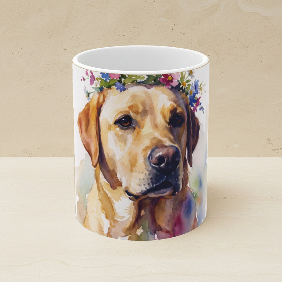 Labrador Retriever Watercolor Ceramic Coffee Mug 11oz, Soft Dog Painting, Labrador Retriever Lover Gift shown on a warm limestone shelf, front view