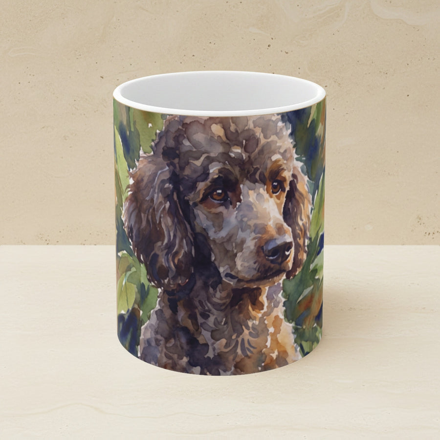 Poodle Watercolor Ceramic Coffee Mug 11oz, Soft Dog Painting, Poodle Lover Gift shown on a warm limestone shelf, front view