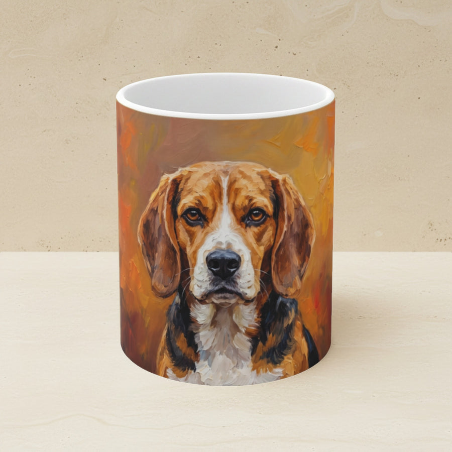 Beagle Acrylic Ceramic Coffee Mug 11oz, Amber Dog Art, Beagle Lover Gift shown on a warm limestone shelf, front view