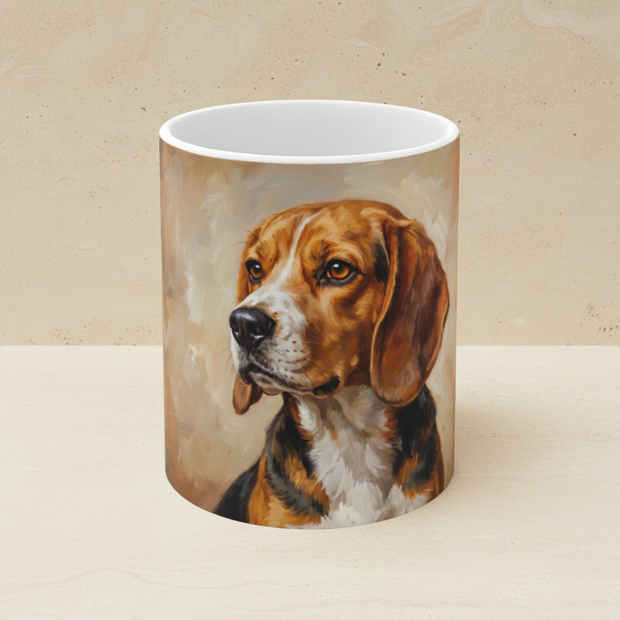 Beagle Acrylic Ceramic Coffee Mug 11oz, Cream Dog Art, Beagle Lover Gift shown on a warm limestone shelf, front view