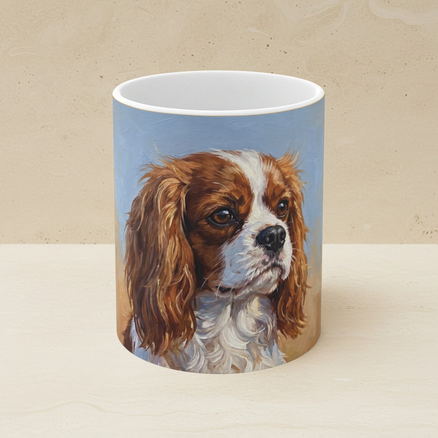 Cavalier King Charles Spaniel Acrylic Ceramic Coffee Mug 11oz, Sky Blue Dog Art, Cavalier King Charles Spaniel Lover Gift shown on a warm limestone shelf, front view