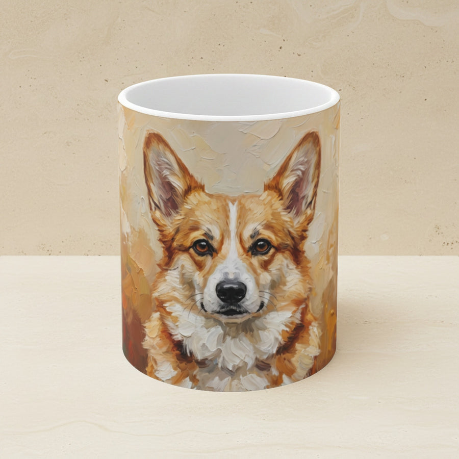 Corgi Acrylic Ceramic Coffee Mug 11oz, Cream Dog Art, Corgi Lover Gift shown on a warm limestone shelf, front view