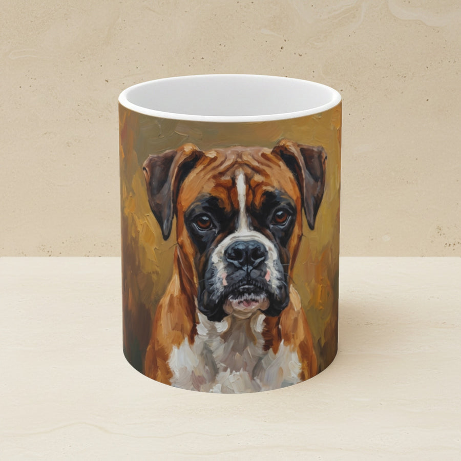 Boxer Acrylic Ceramic Coffee Mug 11oz, Amber Dog Art, Boxer Lover Gift shown on a warm limestone shelf, front view