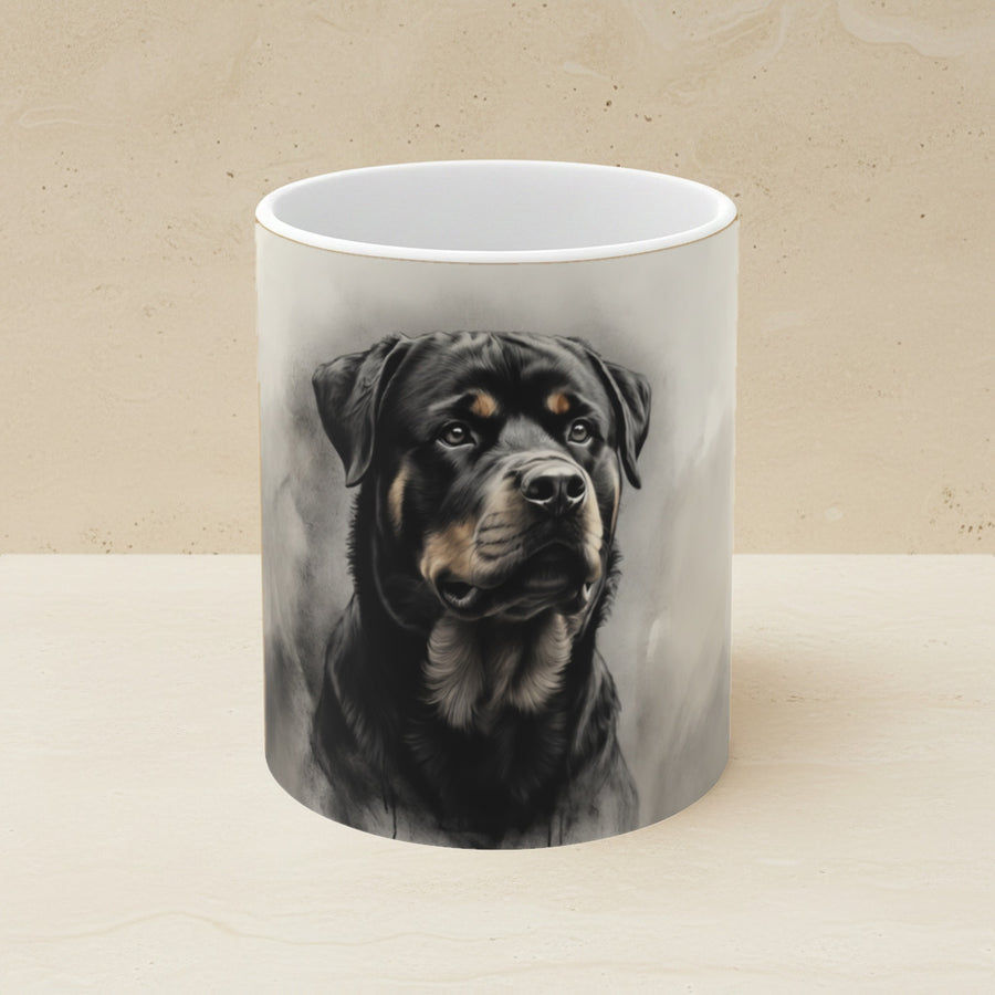 Rottweiler Charcoal Ceramic Coffee Mug 11oz, Dog Sketch Art, Rottweiler Lover Gift shown on a warm limestone shelf, front view