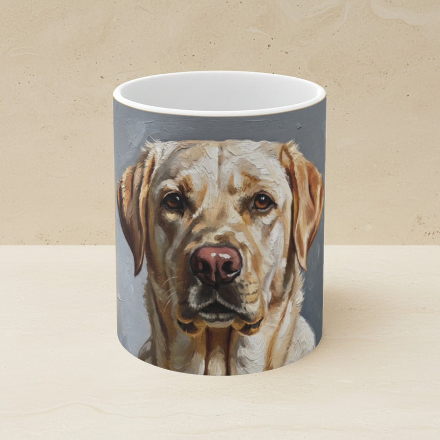 Labrador Retriever Oil Portrait Ceramic Mug 11oz shown on a warm limestone shelf, front view