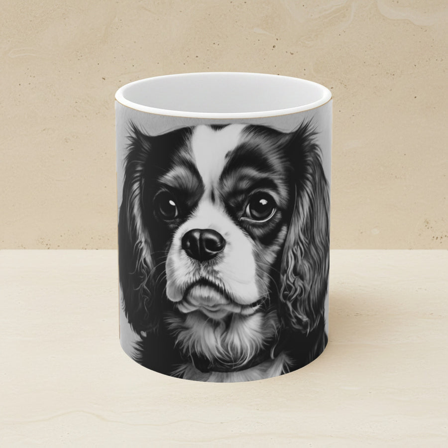 Cavalier King Charles Spaniel Charcoal Portrait Ceramic Mug 11oz shown on a warm limestone shelf, front view