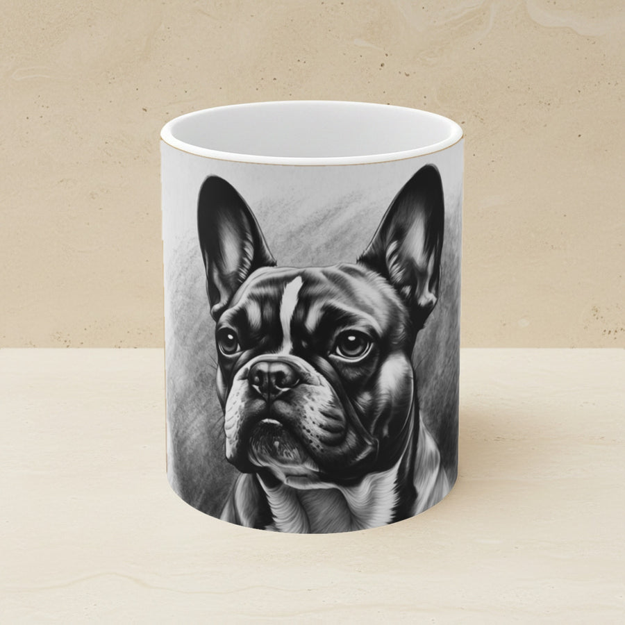 French Bulldog Charcoal Portrait Ceramic Mug 11oz shown on a warm limestone shelf, front view