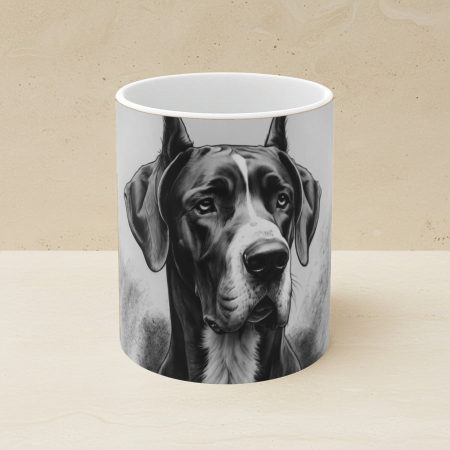 Great Dane Charcoal Portrait Ceramic Mug 11oz shown on a warm limestone shelf, front view
