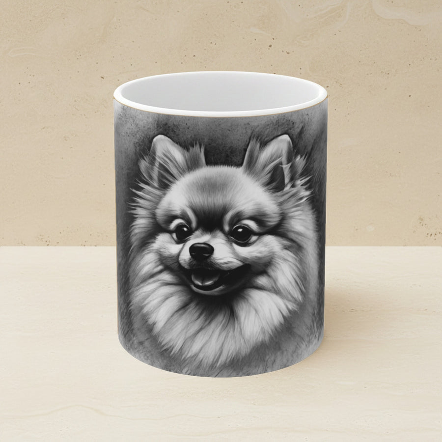 Pomeranian Charcoal Portrait Ceramic Mug 11oz shown on a warm limestone shelf, front view