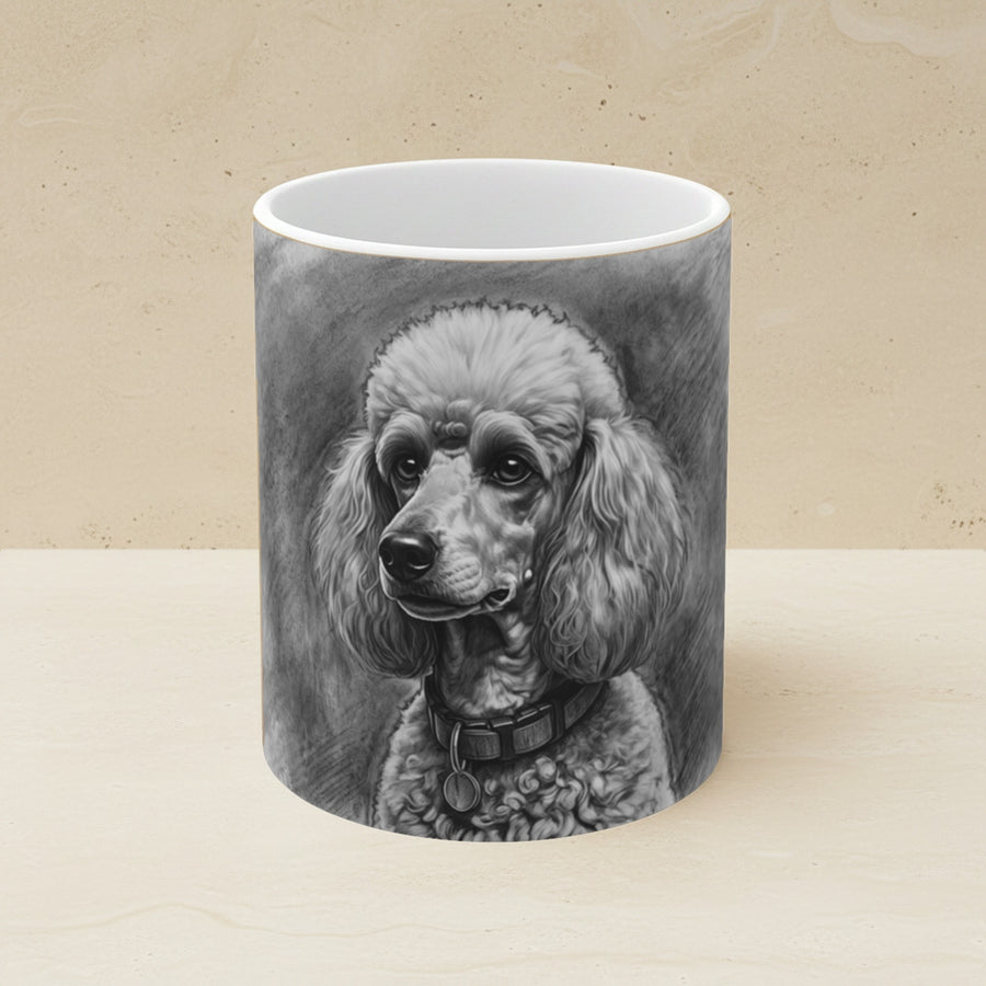 Poodle Charcoal Portrait Ceramic Mug 11oz shown on a warm limestone shelf, front view