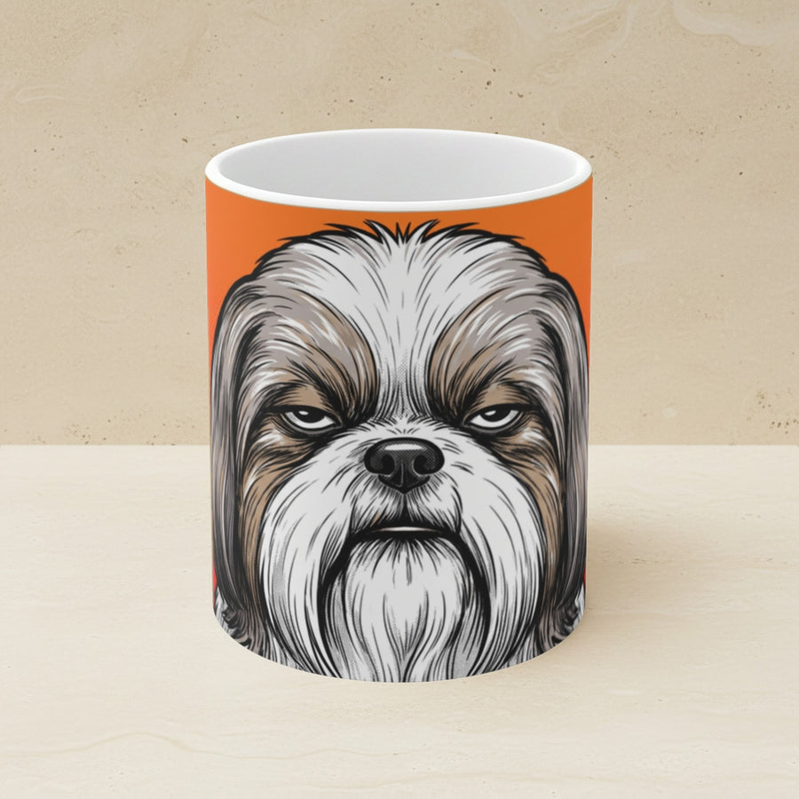 Shih Tzu Comic Pop Art Ceramic Mug 11oz shown on a warm limestone shelf, front view