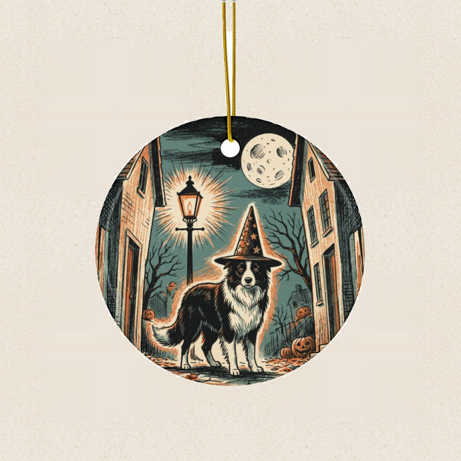 Border Collie Halloween Poster Ceramic Tree Ornament round ceramic ornament by Tritan, laid flat on a warm limestone surface