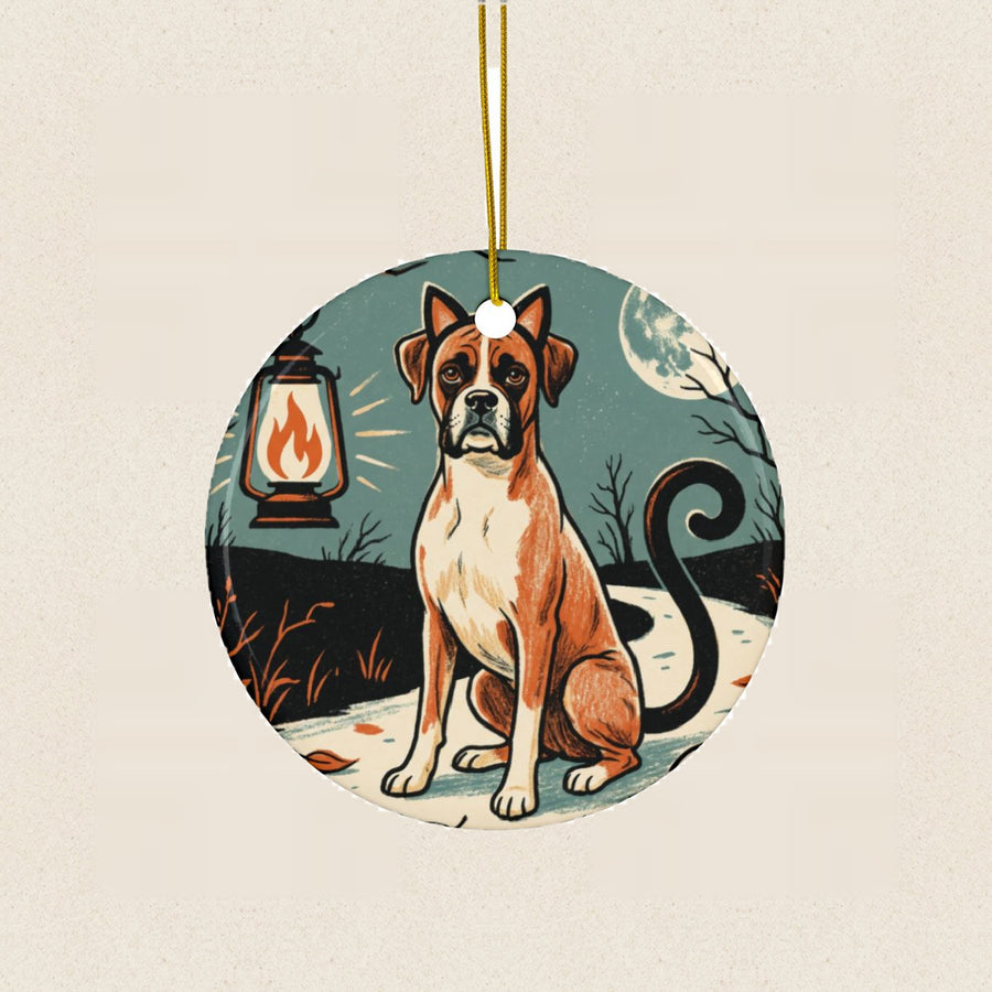 Boxer Halloween Poster Ceramic Tree Ornament round ceramic ornament by Tritan, laid flat on a warm limestone surface