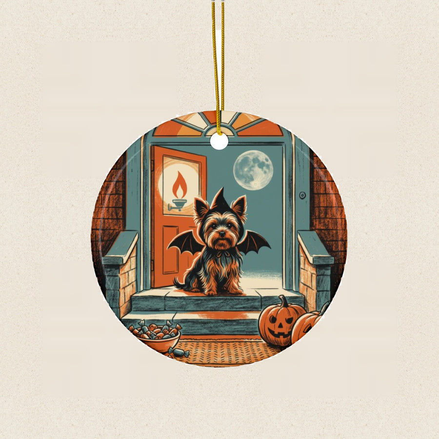 Yorkshire Terrier Halloween Poster Ceramic Tree Ornament round ceramic ornament by Tritan, laid flat on a warm limestone surface