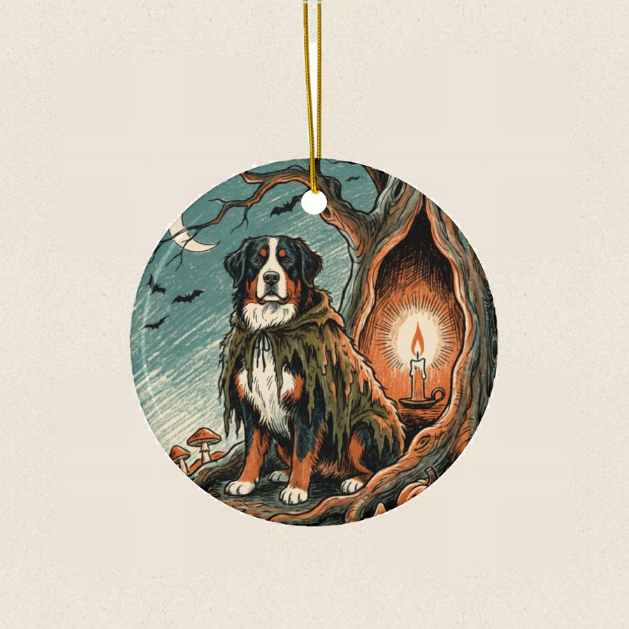 Bernese Mountain Dog Halloween Poster Ceramic Tree Ornament round ceramic ornament by Tritan, laid flat on a warm limestone surface