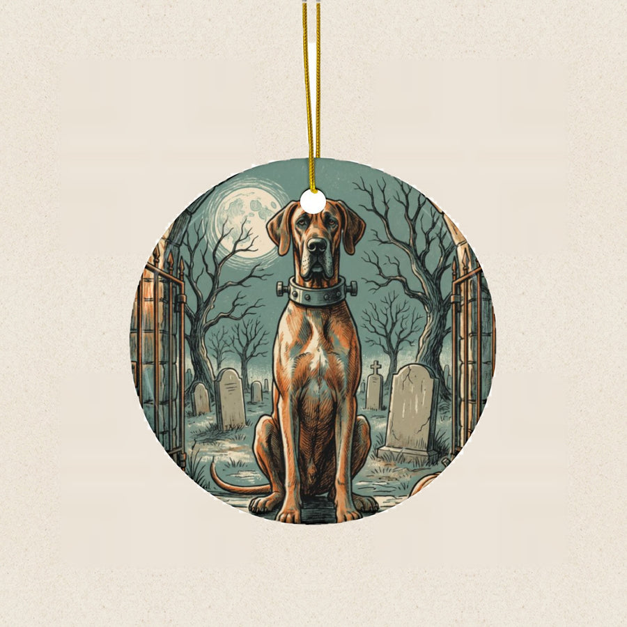 Great Dane Halloween Poster Ceramic Tree Ornament round ceramic ornament by Tritan, laid flat on a warm limestone surface