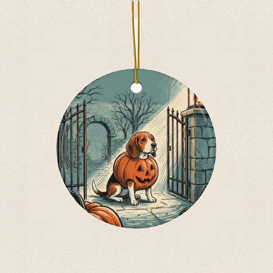 Beagle Halloween Poster Ceramic Tree Ornament round ceramic ornament by Tritan, laid flat on a warm limestone surface