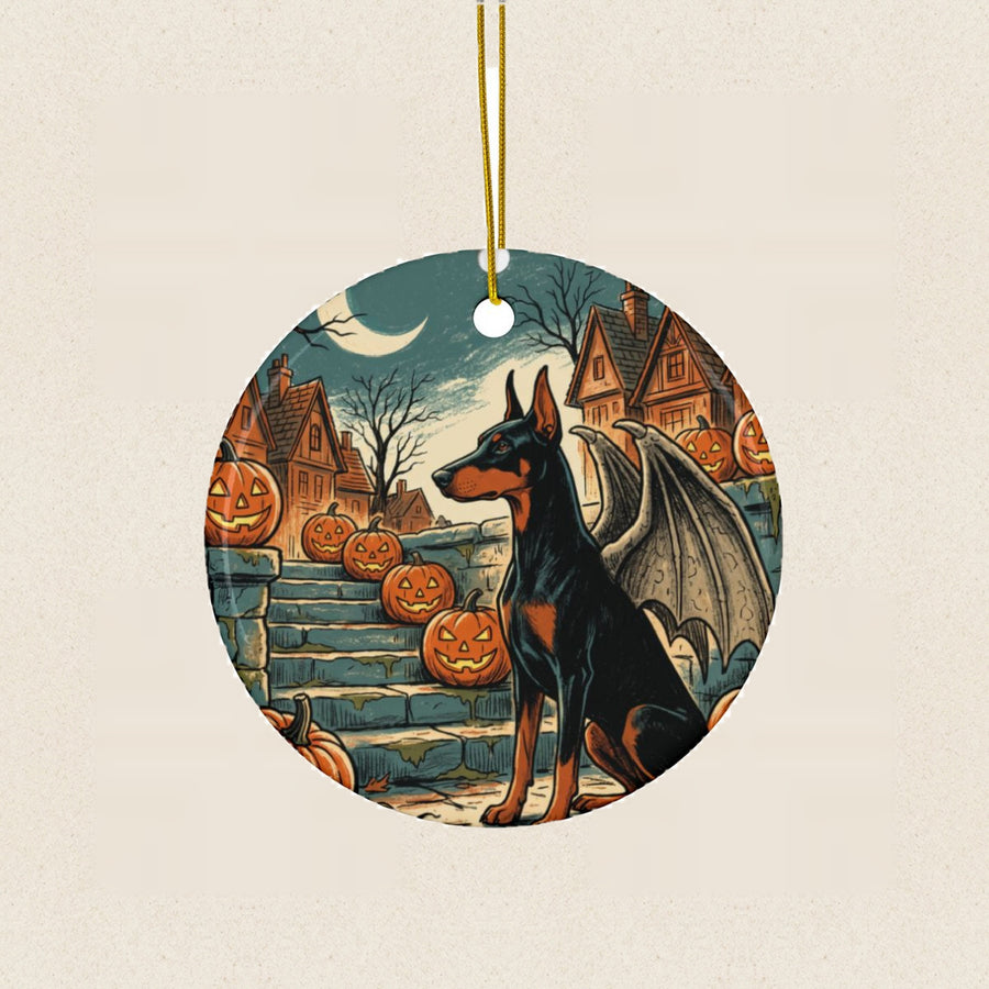 Doberman Halloween Poster Ceramic Tree Ornament round ceramic ornament by Tritan, laid flat on a warm limestone surface