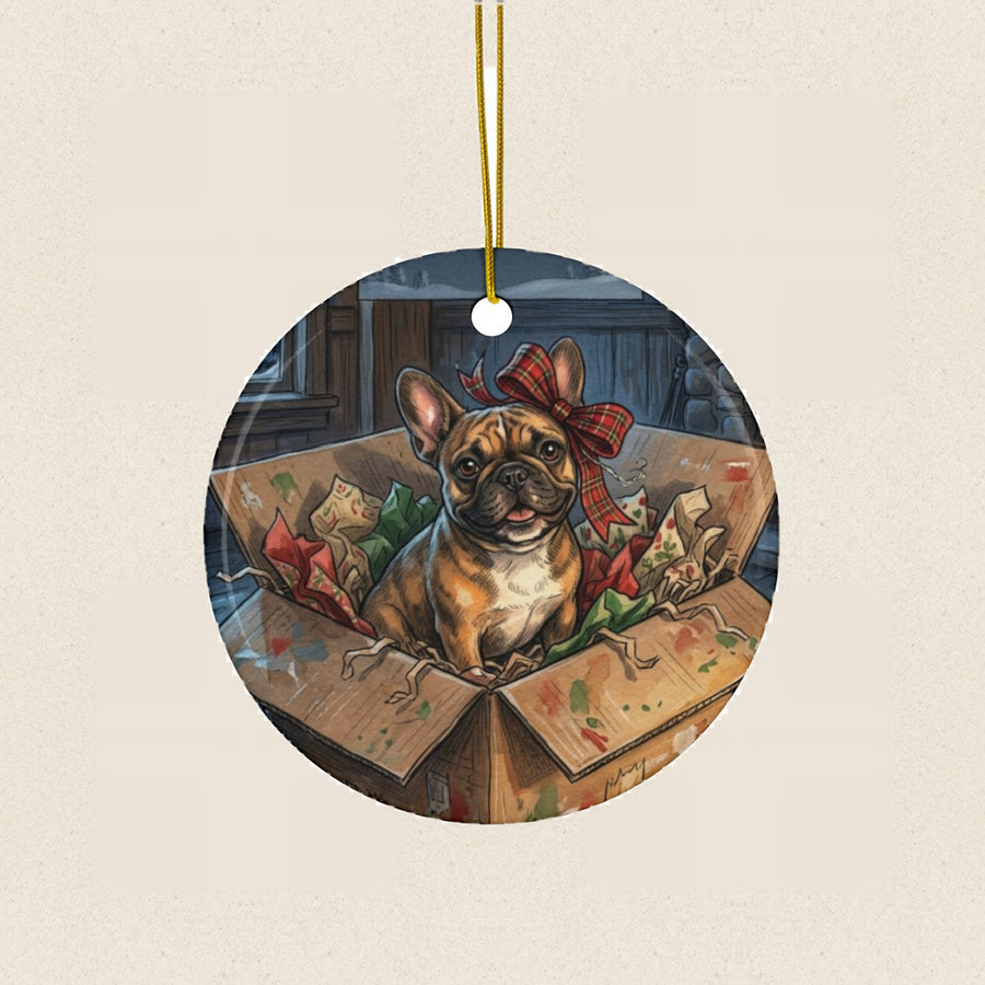 French Bulldog Christmas Storybook Ceramic Tree Ornament round ceramic ornament by Tritan, laid flat on a warm limestone surface