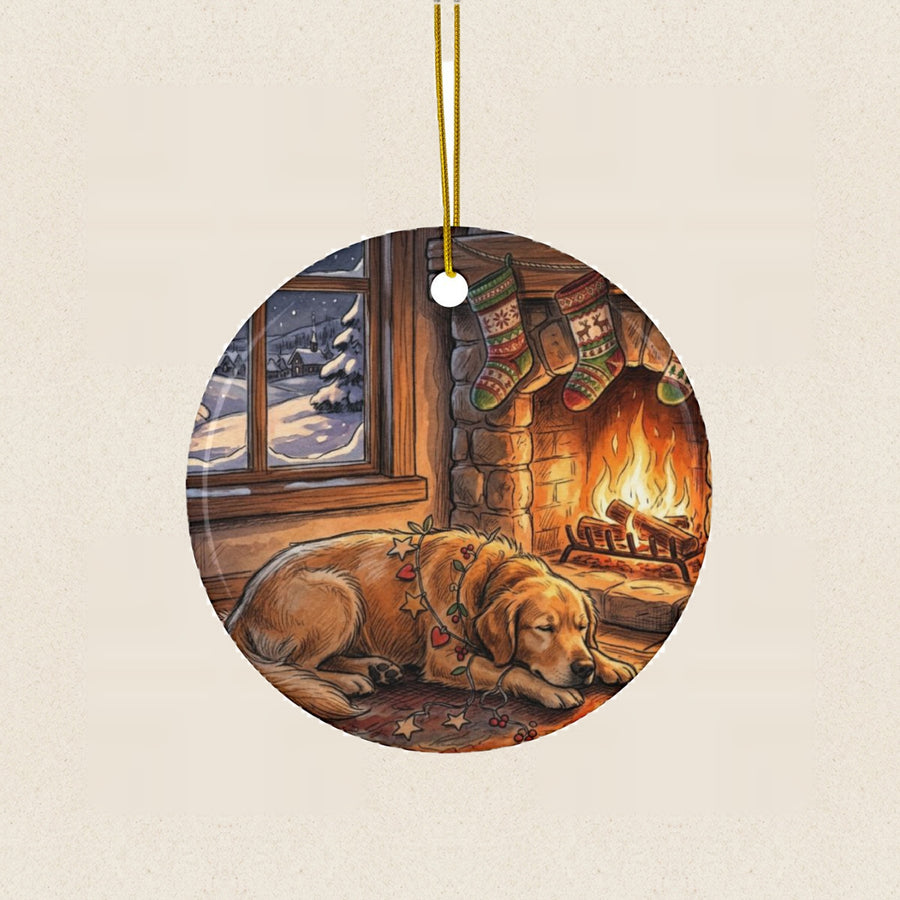 Golden Retriever Christmas Storybook Ceramic Tree Ornament round ceramic ornament by Tritan, laid flat on a warm limestone surface