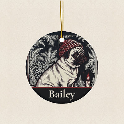 Personalized Pug Christmas Ornament with Your Dog's Name, Linocut-Style Dog Portrait, Ceramic Keepsake (2.9 inch)