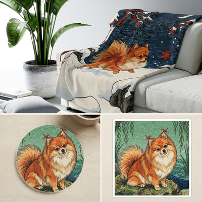 Pomeranian Japanese Print Cozy Gift Set | Sherpa Blanket, Coaster & Sticker | Tritan