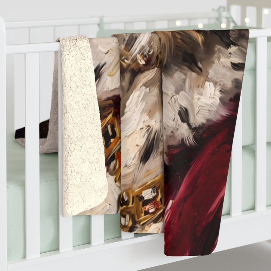 Pomeranian Kings & Queens sherpa blanket by Tritan, on bed
