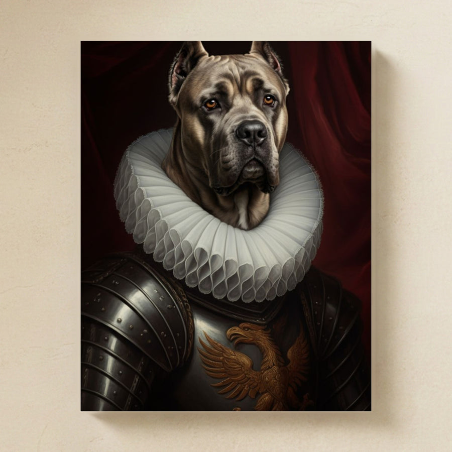 Cane Corso Renaissance Royal Portrait Matte Poster, Regal Dog Art Print, Cane Corso Lover Gift, Wall Art mounted flat on a warm limestone gallery wall, matte paper art print photographed straight on