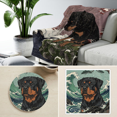 Rottweiler Japanese Print Cozy Gift Set | Sherpa Blanket, Coaster & Sticker | Tritan