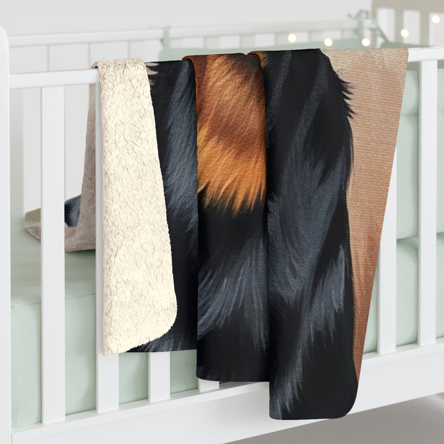Rottweiler Oil Portrait sherpa blanket by Tritan, on bed