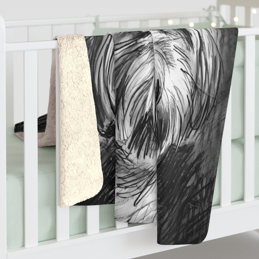 Shih Tzu Charcoal sherpa blanket by Tritan, on bed