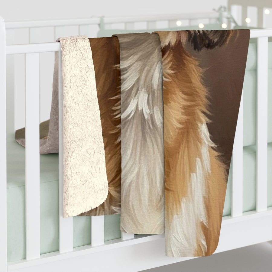 Shih Tzu Oil Portrait sherpa blanket by Tritan, on bed