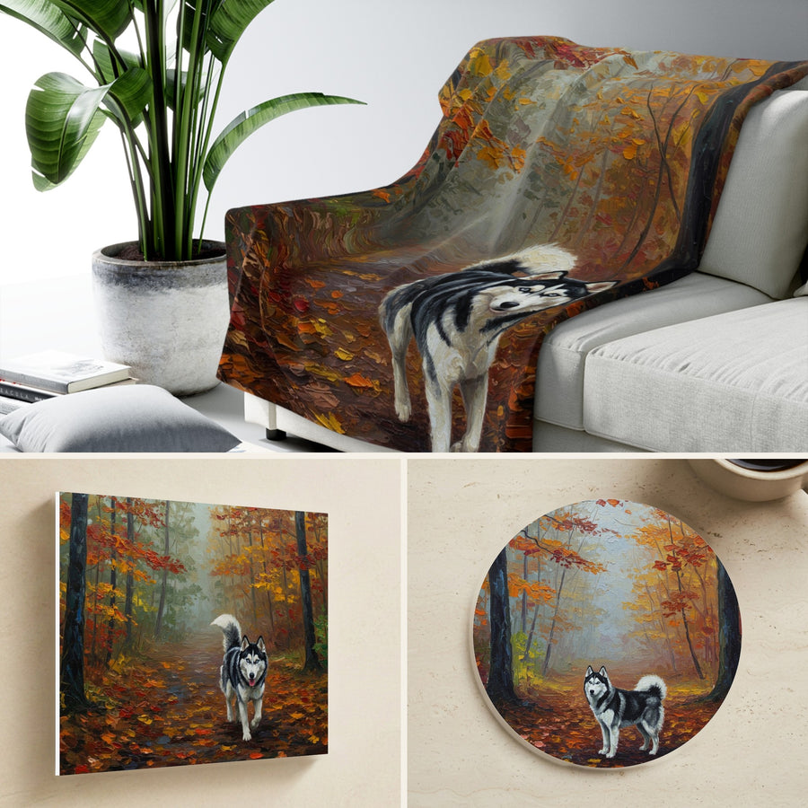 Siberian Husky Autumn Woods gift set: canvas, sherpa blanket and coaster in one painting