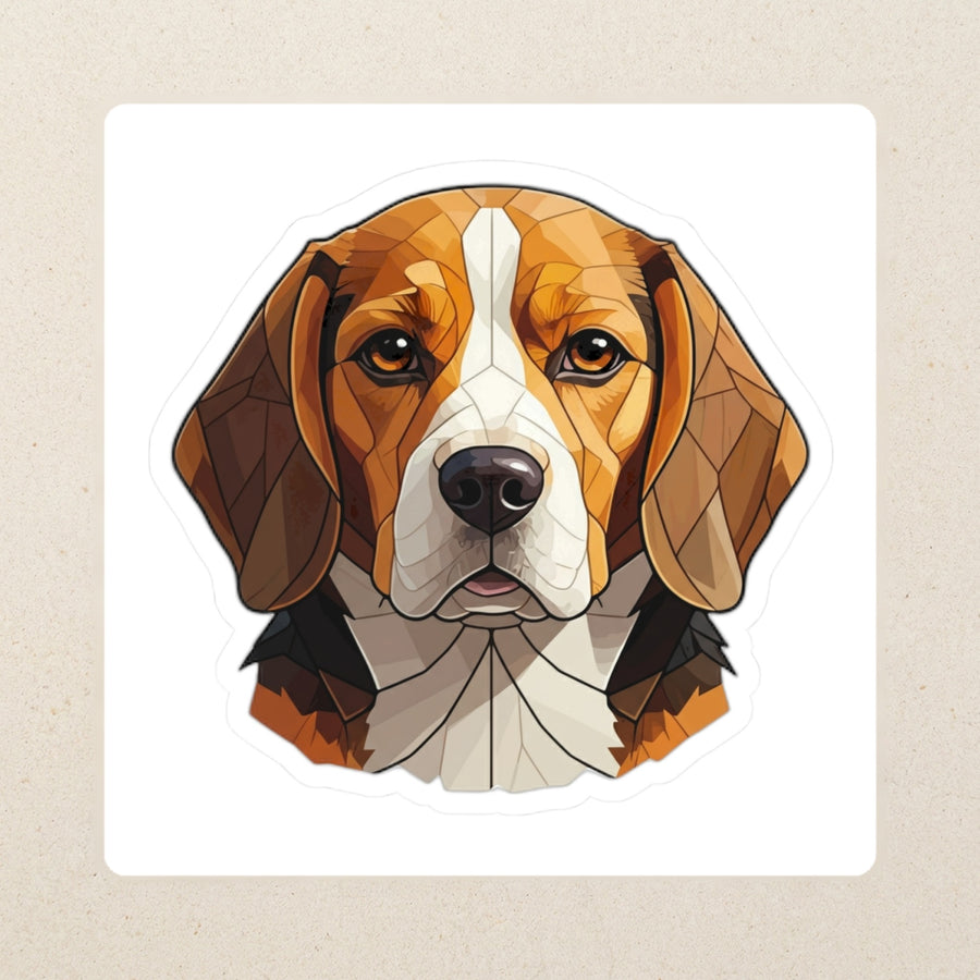 Beagle Low Poly Kiss-Cut Sticker, Geometric Dog Art, Beagle Lover Gift, Waterproof Vinyl kiss-cut vinyl sticker applied to a journal cover on a limestone desk, photographed from directly above