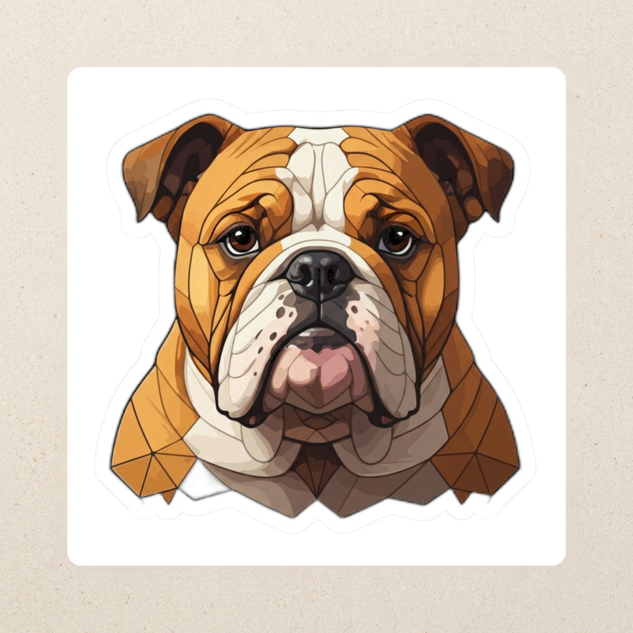 English Bulldog Low Poly Kiss-Cut Sticker, Geometric Dog Art, English Bulldog Lover Gift, Waterproof Vinyl kiss-cut vinyl sticker applied to a journal cover on a limestone desk, photographed from directly above