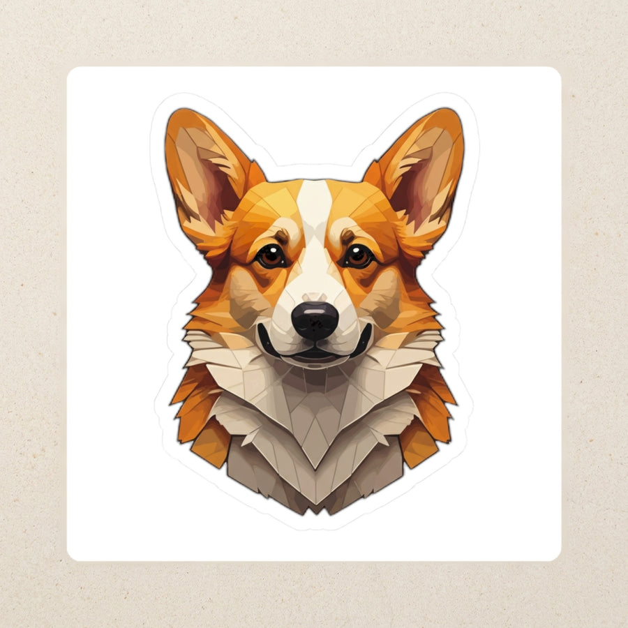 Corgi Low Poly Kiss-Cut Sticker, Geometric Dog Art, Corgi Lover Gift, Waterproof Vinyl kiss-cut vinyl sticker applied to a journal cover on a limestone desk, photographed from directly above