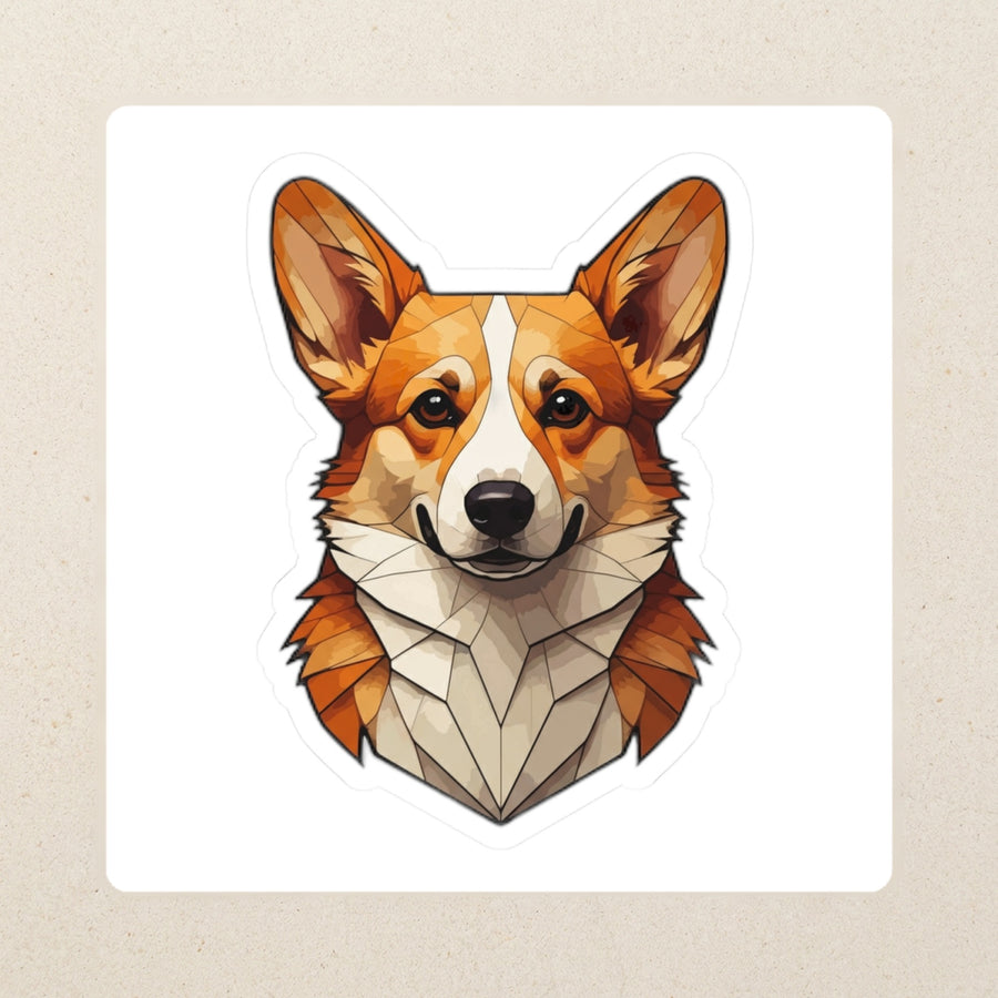 Corgi Low Poly Kiss-Cut Sticker, Geometric Dog Art, Corgi Lover Gift, Waterproof Vinyl kiss-cut vinyl sticker applied to a journal cover on a limestone desk, photographed from directly above