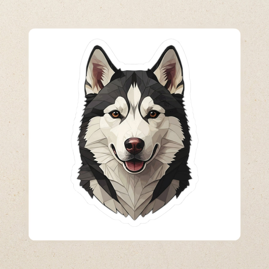 Siberian Husky Low Poly Kiss-Cut Sticker, Geometric Dog Art, Siberian Husky Lover Gift, Waterproof Vinyl kiss-cut vinyl sticker applied to a journal cover on a limestone desk, photographed from directly above